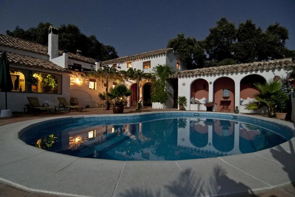 A backyard swimming pool glowing at dusk
