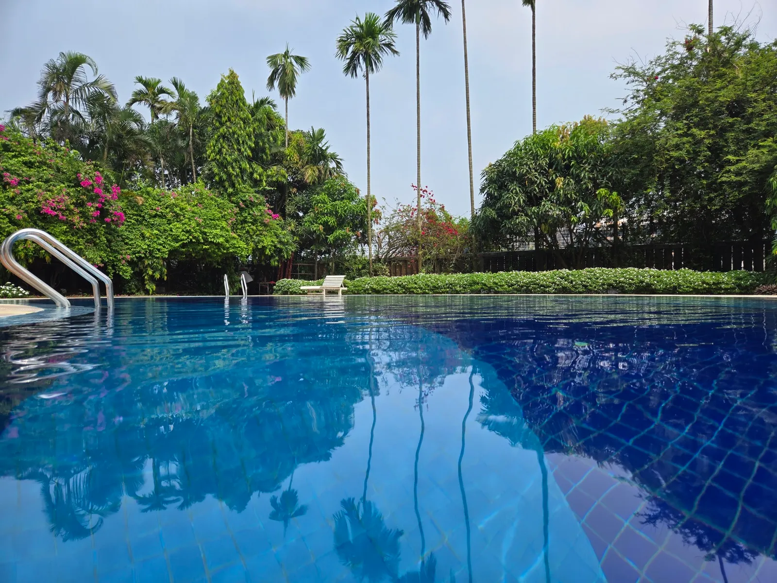 A lush backyard garden and poolside landscape glowing softly at dusk