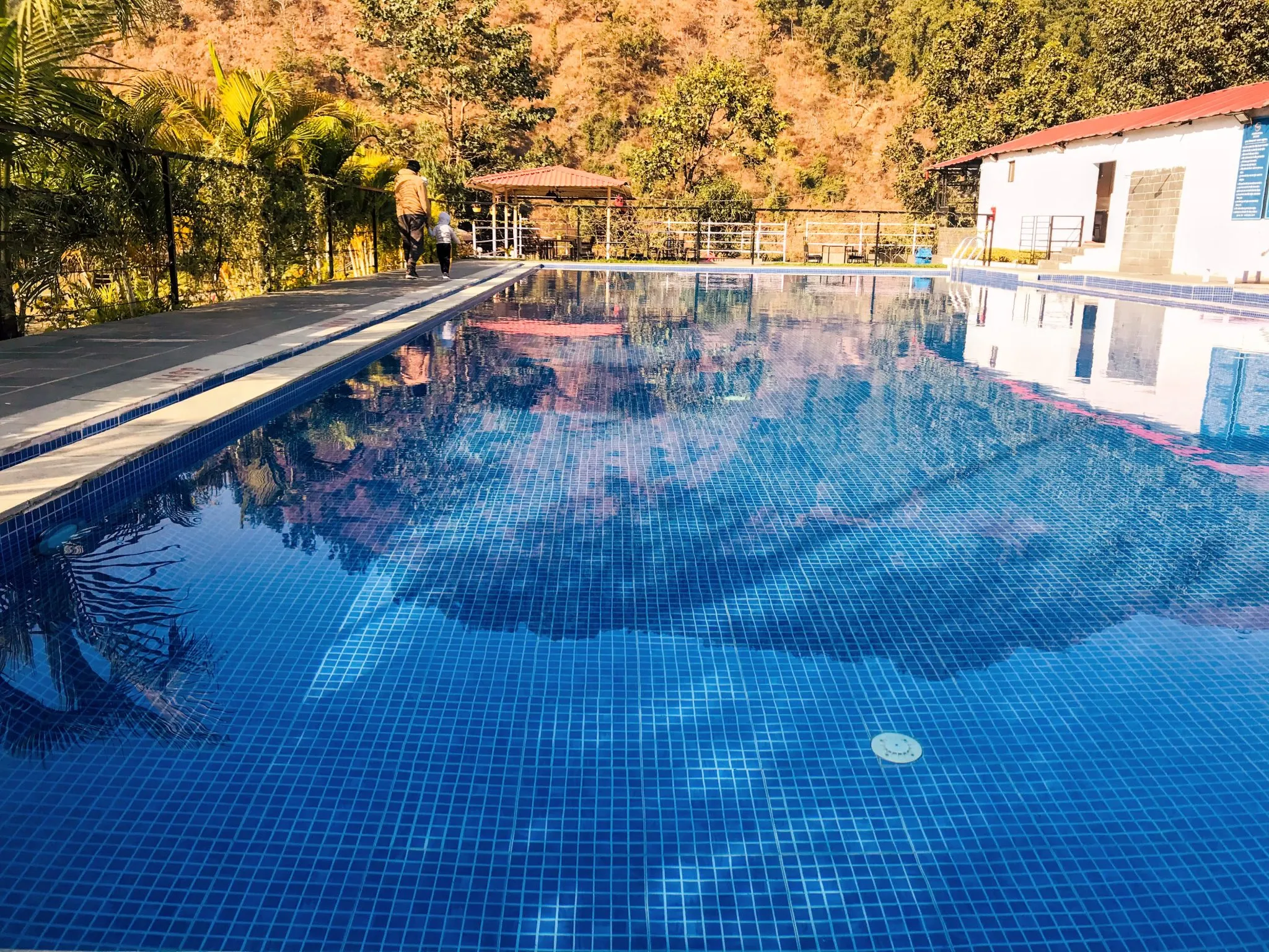 A large resort-style in-ground swimming pool with a wide deck and clear blue water