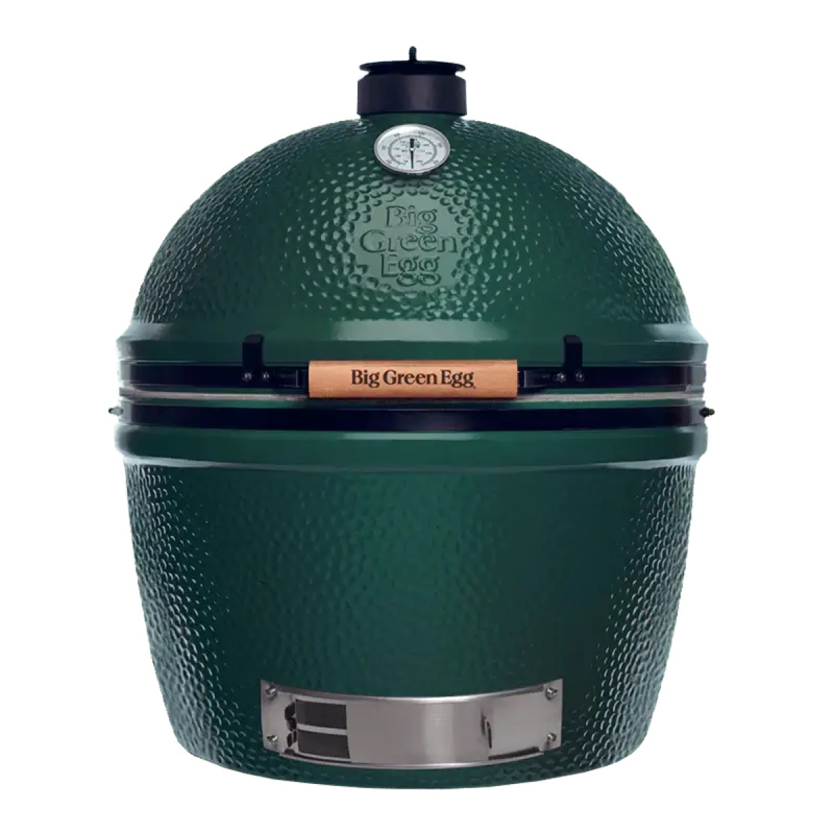 The 2XL Big Green Egg on its own on a white background, dome closed, wooden handle and stainless draft door (the Table Nest it ships with is not pictured)