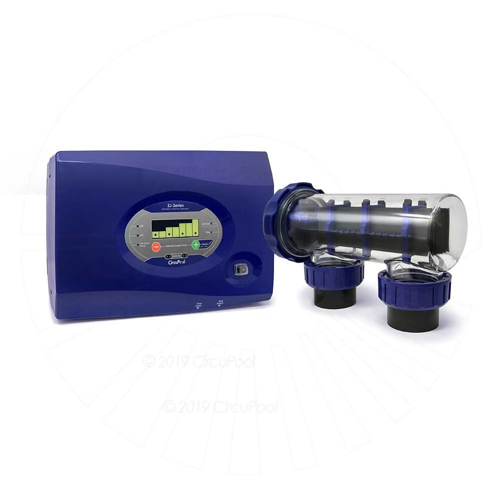 CircuPool SJ-Series salt chlorine generator — blue control box with an LED output bar graph and a clear salt cell