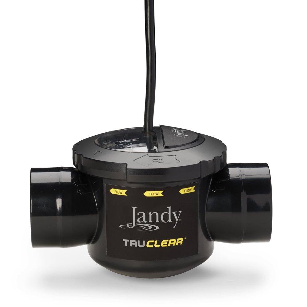 Jandy TruClear salt cell in its black flow housing with the cell cable rising from the top (power pack not shown)