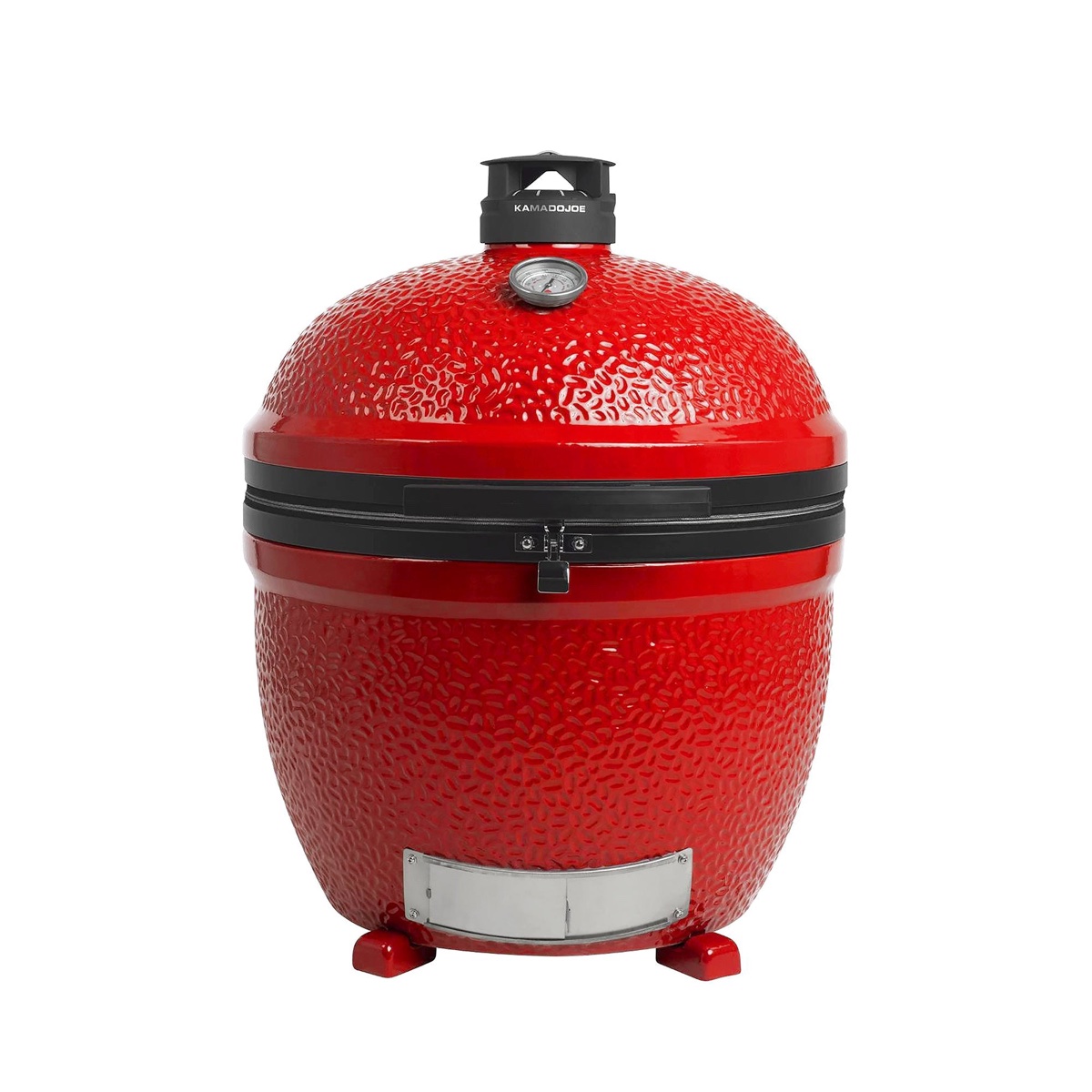 Kamado Joe Big Joe II Standalone in red ceramic on its ceramic feet, Kontrol Tower top vent and stainless draft door, on a white background