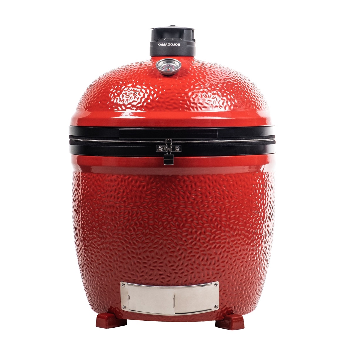 Kamado Joe Big Joe III Standalone in red ceramic with black trim and Kontrol Tower top vent, stainless draft door, on its ceramic feet on a white background