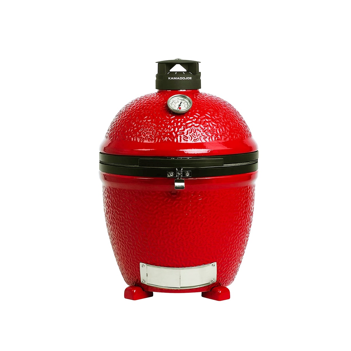 Kamado Joe Classic Joe II Standalone in red ceramic on its ceramic feet — Kontrol Tower top vent, dome thermometer and stainless slide-out ash door, on a white background