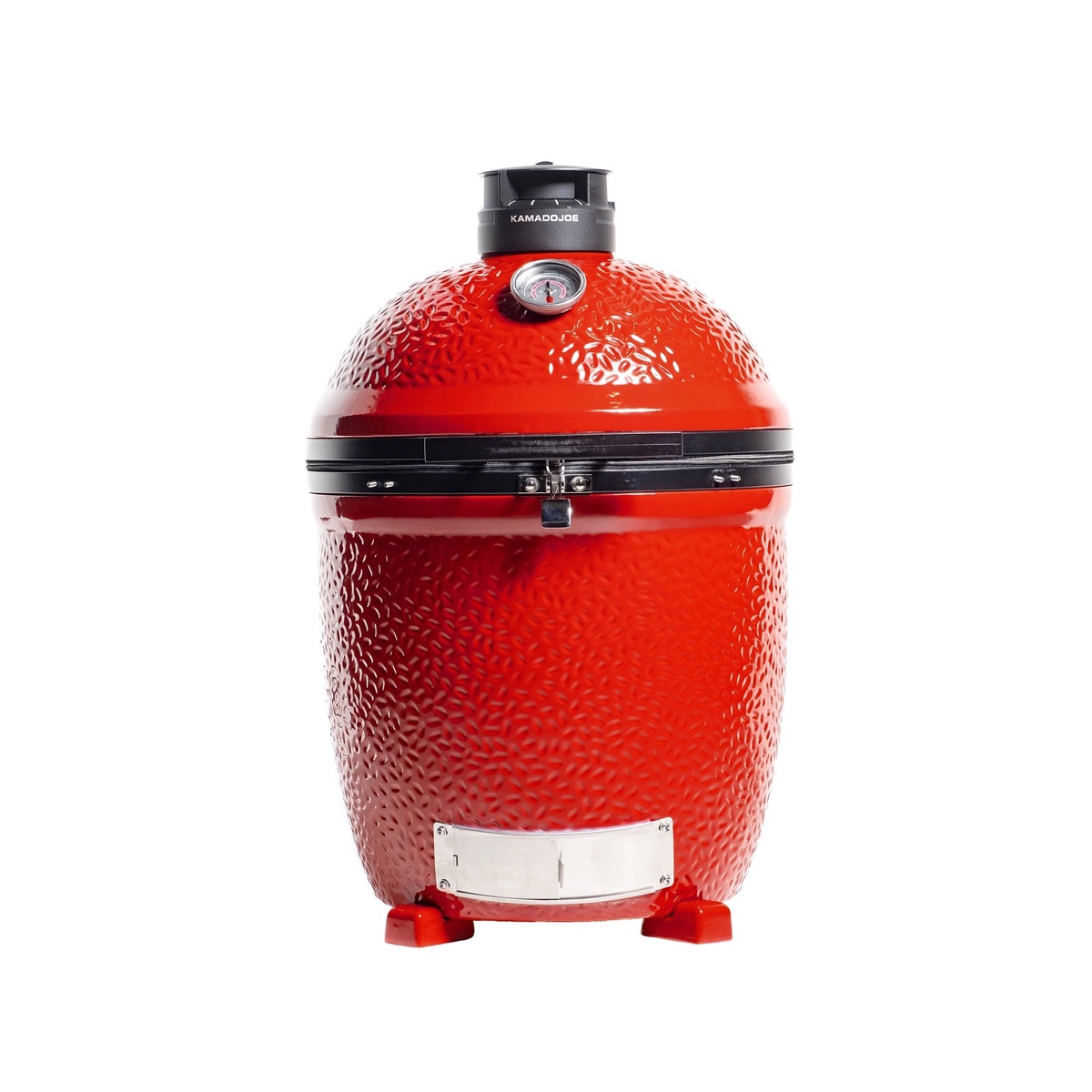 Kamado Joe Classic Joe III Standalone in red ceramic on its ceramic feet, dome thermometer and Kontrol Tower top vent, on a white background