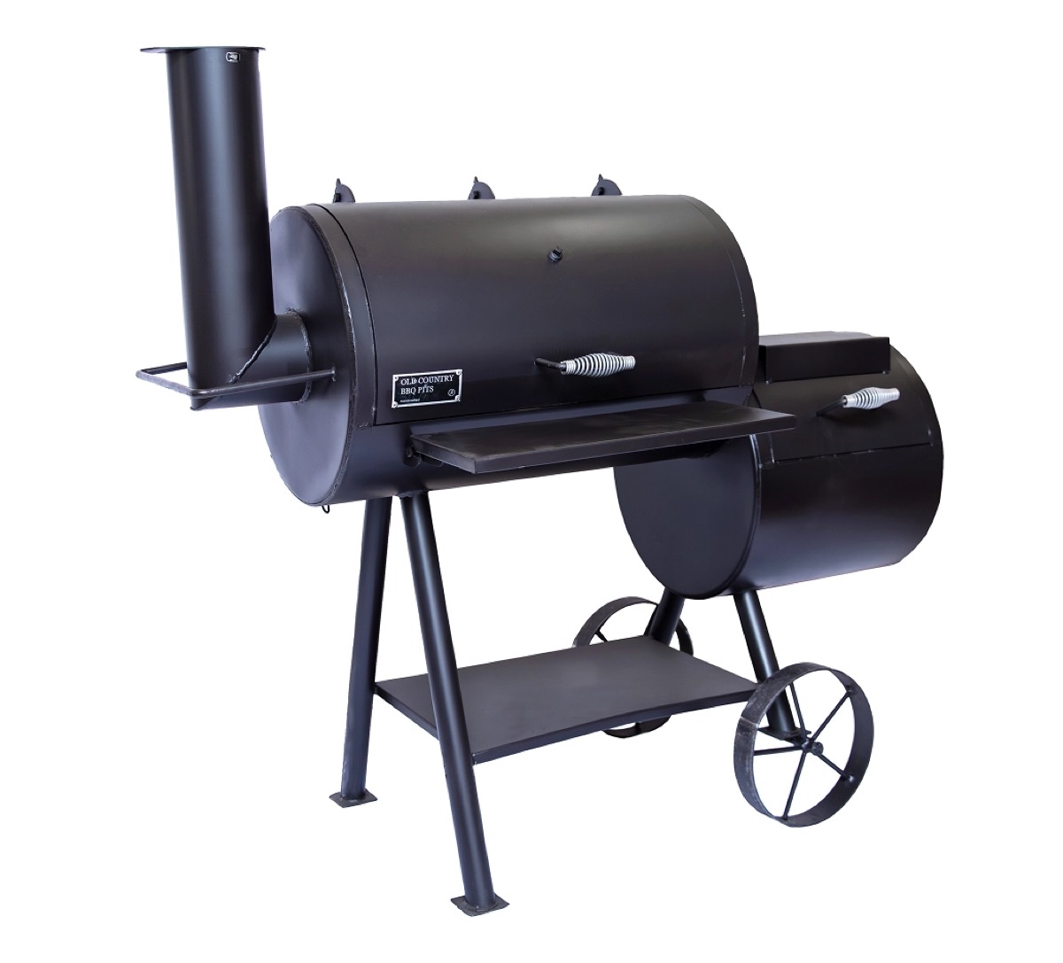 Old Country BBQ Pits Wrangler: a black welded offset smoker on legs and wheels, the firebox on the right and the stack on the left